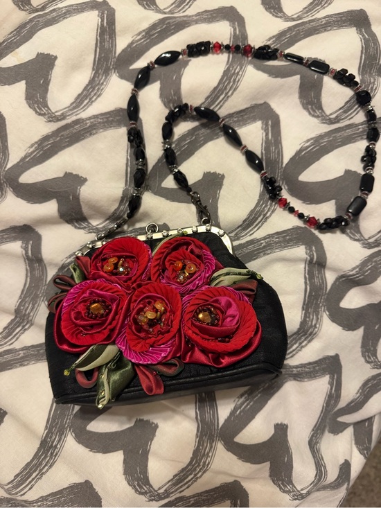 Mary Frances Handbags - Mary Frances Black Clutch with Red and Fuchsia Rosette Appliqués
